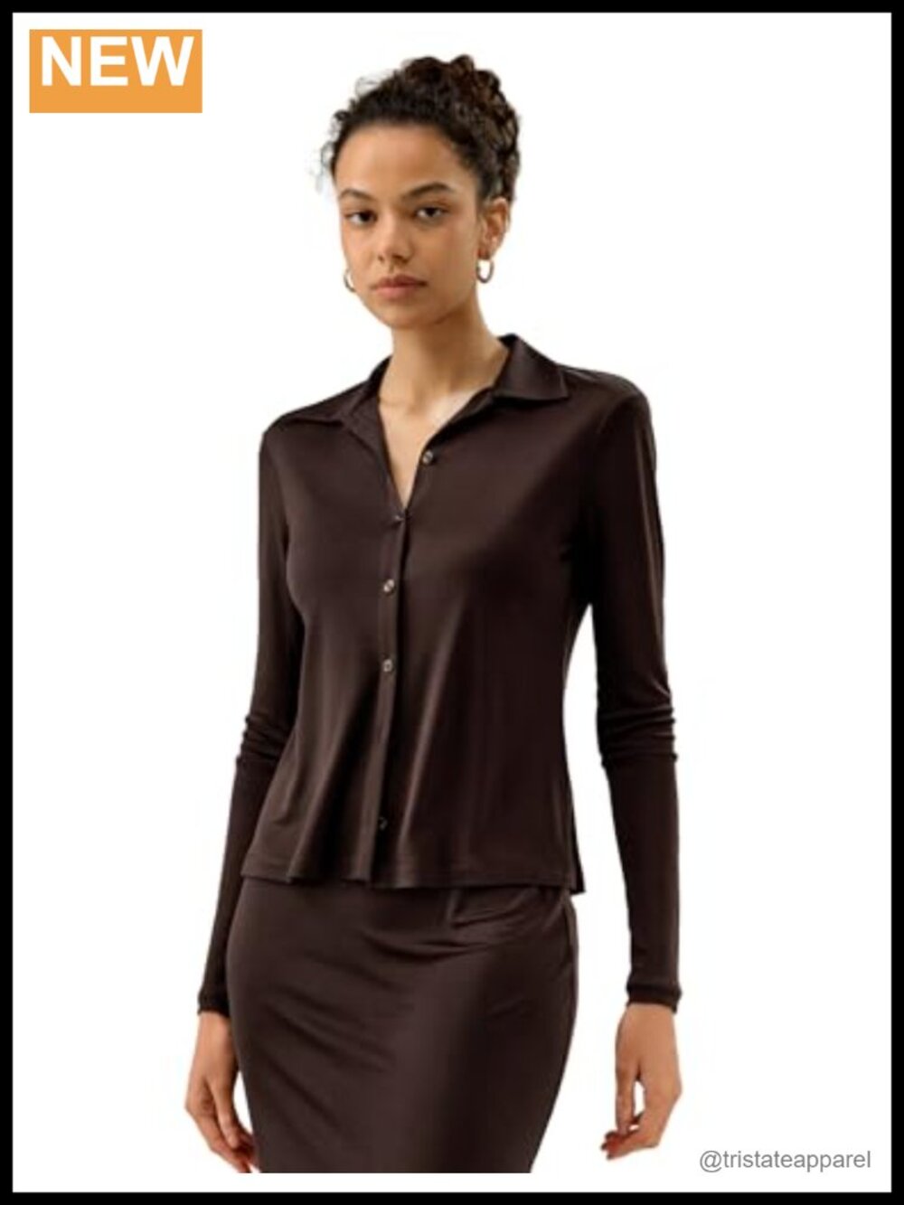 100% Silk Jersey Long Sleeve Button Front Shirt Slim Fit V-Neck